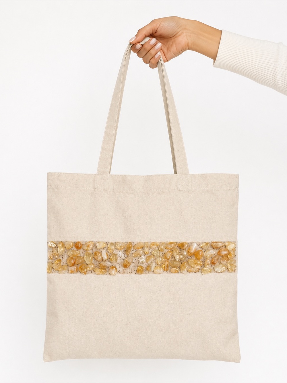 Cream Canvas Tote with stripe Amber Stones